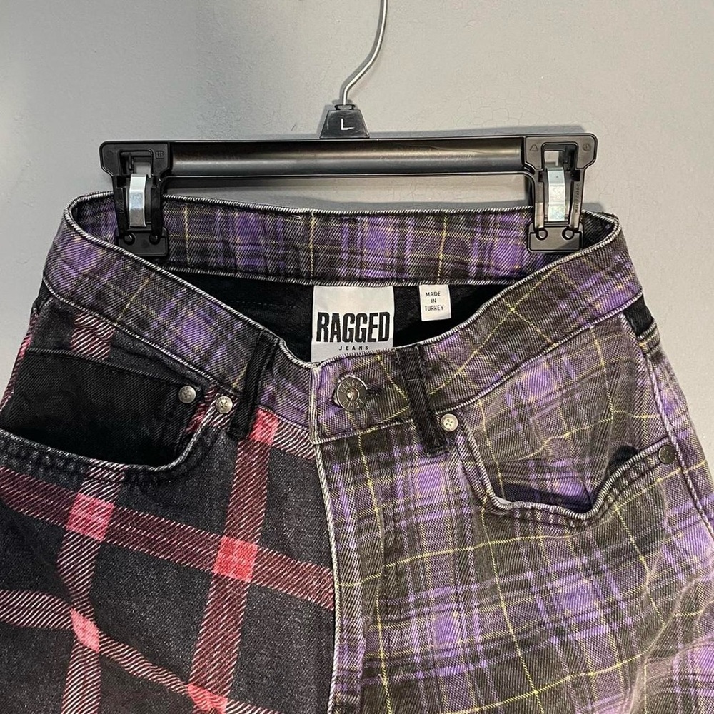 ragged two-tone plaid jeans